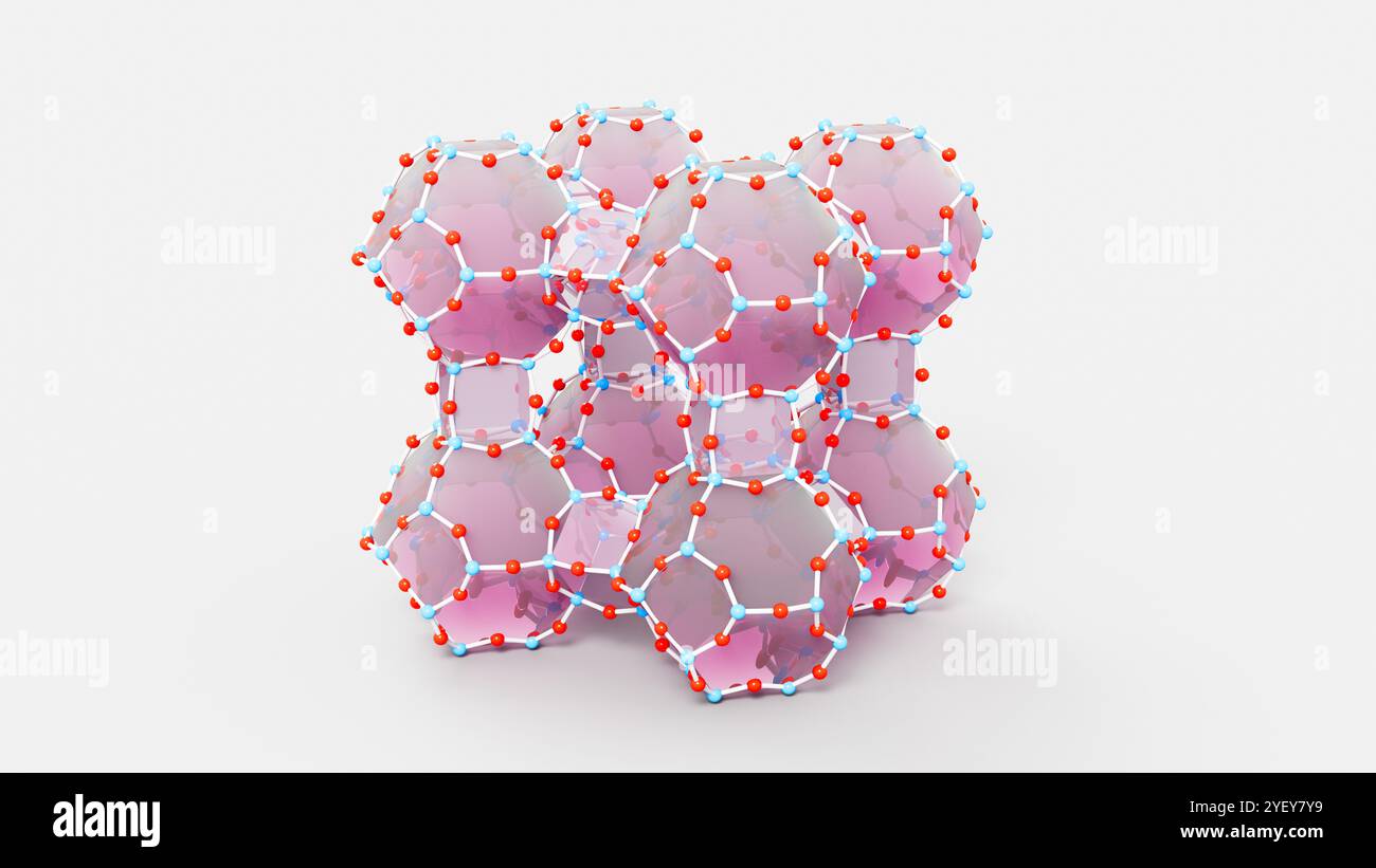 Darstellung der molekularen Struktur eines Zeolithgerüsts. Zeolithe sind hydrierte Aluminosilikatmineralien mit mikroporöser Struktur. Sie haben die allgemeine Formel (MAlO2)(SiO2)x(H2O)y, wobei M normalerweise Wasserstoff (H+) und Natrium (Na+) ist. Zeolithe können unterschiedliche Rahmenstrukturen haben; dies ist die gemeinsame Linde Typ A Form von Zeolith. Zeolith-Materialien werden in Wasserreinigungs-, Bodensanierungs- und Abfallbehandlungssystemen verwendet und werden zur Abscheidung und Speicherung von Treibhausgasen, einschließlich CO2, untersucht. Stockfoto