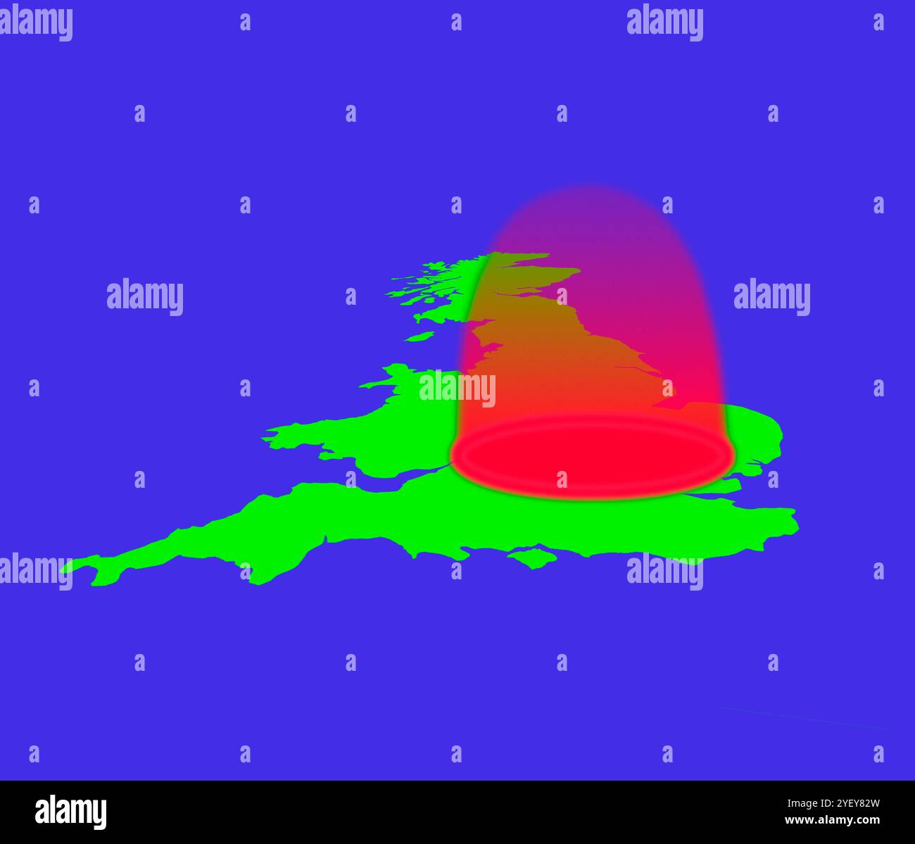Konzeptuelle Darstellung einer Wärmeschube über Großbritannien. Eine Wärmeschutzhaube ist ein Wetterphänomen, bei dem heiße Luft über einem bestimmten Bereich eingeschlossen wird, was zu extremer Hitze führt. Sie treten auf, wenn ein starkes Hochdrucksystem in den oberen Ebenen der Atmosphäre über einem Bereich stationär wird. Dies führt dazu, dass warme Luft unter dem abgestürzten Hochdruck eingeschlossen wird, während Sonnenschein die Hitze weiter verstärkt. Der Effekt ähnelt dem Aufsetzen eines Deckels auf einen Topf, der die heiße Luft einschließt und verhindert, dass sie entweichen kann. Stockfoto