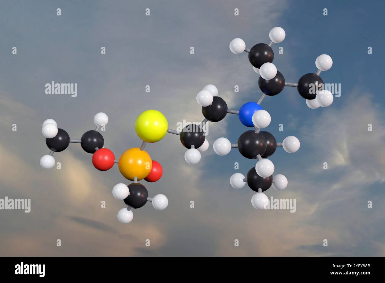 Computerillustration eines Ball- und Stabmodells von VX, einem chemischen Nervenmittel für Kriegsführung, das in den 1950er Jahren in Porton Down, Großbritannien, entwickelt wurde. Es basierte auf einem von ICI entwickelten Pestizid, das sich als zu gefährlich erwies. Atome werden als Kugeln dargestellt und sind farbcodiert: Wasserstoff (weiß), Kohlenstoff (schwarz), Sauerstoff (rot), Stickstoff (blau), Schwefel (gelb) und Phosphor (orange). Stockfoto Computerillustration eines Ball- und Stabmodells von VX, einem chemischen Nervenmittel für Kriegsführung, das in den 1950er Jahren in Porton Down, Großbritannien, entwickelt wurde. Es basierte auf einem von ICI entwickelten Pestizid, das sich als zu gefährlich erwies. Atome werden als Kugeln dargestellt und sind farbcodiert: Wasserstoff (weiß), Kohlenstoff (schwarz), Sauerstoff (rot), Stickstoff (blau), Schwefel (gelb) und Phosphor (orange). Stockfoto