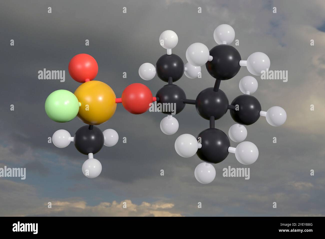 Computerillustration eines Ball- und Stabmodells von Soman, einem chemischen Nervenmittel, das von Nobelpreisträgern Richard Kuhn und Konrad Henkel während des Zweiten Weltkriegs entwickelt wurde. Atome werden als Kugeln dargestellt und sind farbcodiert: Wasserstoff (weiß), Kohlenstoff (schwarz), Sauerstoff (rot), Phosphor (orange) und Fluor (hellgrün). Stockfoto Computerillustration eines Ball- und Stabmodells von Soman, einem chemischen Nervenmittel, das von Nobelpreisträgern Richard Kuhn und Konrad Henkel während des Zweiten Weltkriegs entwickelt wurde. Atome werden als Kugeln dargestellt und sind farbcodiert: Wasserstoff (weiß), Kohlenstoff (schwarz), Sauerstoff (rot), Phosphor (orange) und Fluor (hellgrün). Stockfoto