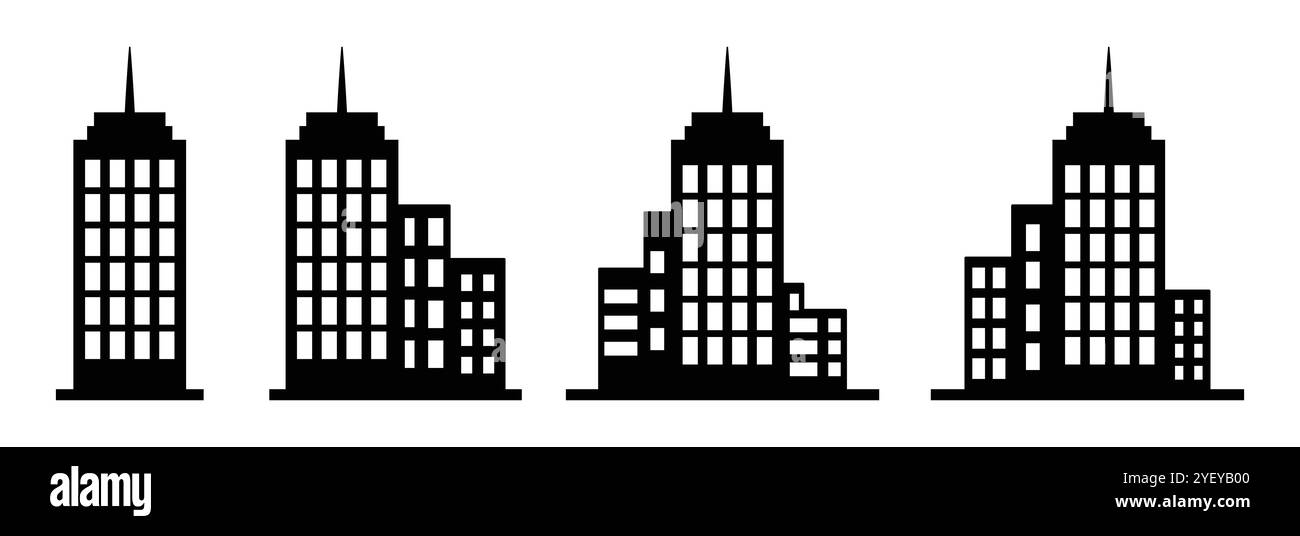 Symbol für Silhouettenbildung setzt eine andere Form. Stadtgebäude Silhouette Vektor Symbol isoliert Set. Das Apartmentschild ist schwarz-weiß. Stock Vektor