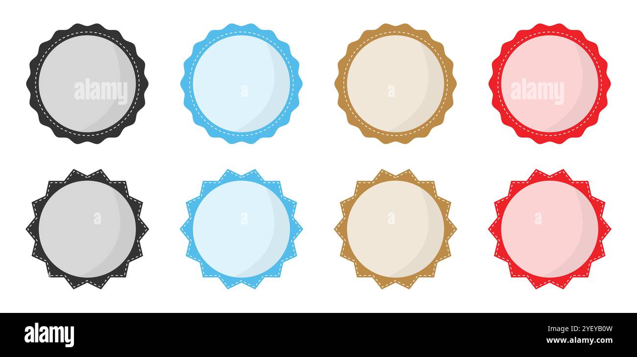 Einfaches Symbol für den kreisförmigen Rahmen in einer anderen Farbe. Sammlung eines leeren kreisförmigen Stempellogosymbols. Leere Etiketten oder Kreisstempel. Stock Vektor