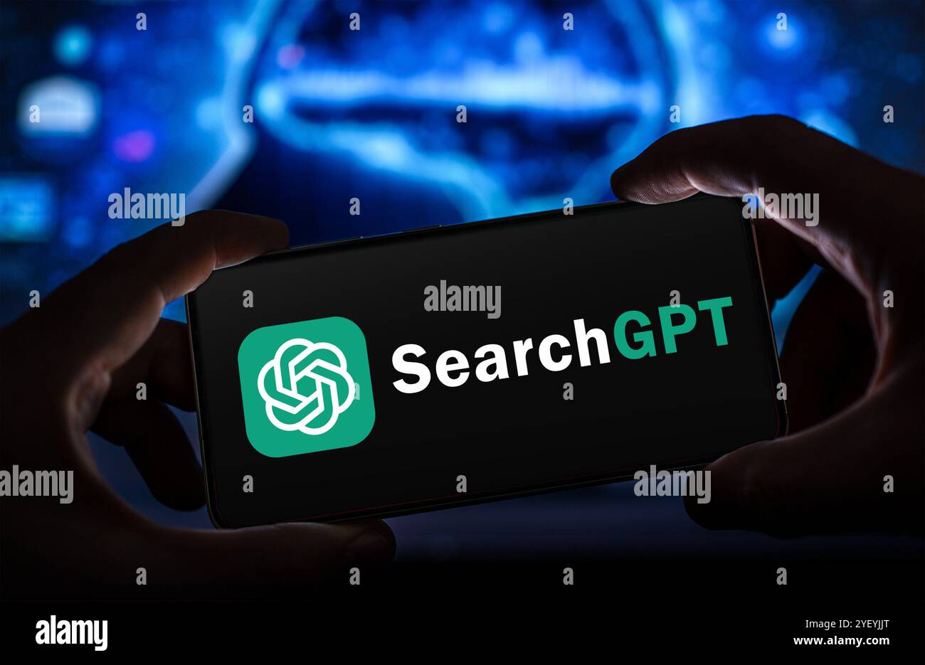 Die von OpenAI entwickelte Suchmaschine SearchGPT wird auf dem Smartphone angezeigt Stockfoto