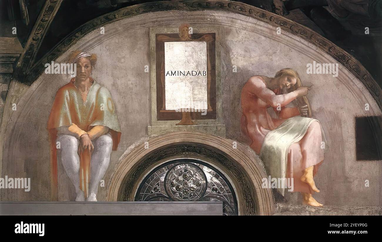 MICHELANGELO di Lodovico Buonarroti Simoni (* 1475, Caprese, d. 1564, Roma) Amminadab 1511-12 Fresco, 215 x 430 cm Cappella Sistina, Vatikan Abraham begat Isaak. Isaac zeugte Jakob 7. Jakob zeugte Juda und seine Brüder. Juda zeugte Phares und Serah bei Thamar. Phares zeugte Esron. Esron zeugte Aram. Aram zeugte Amminadab. Amminadab zeugte Nahshon." (Matthäus 1,2-4) es gibt nur zwei Figuren, beide von jungen Menschen, in der Lünette von Amminadab, dem Prinzen der Leviten, gegenüber der von Nahschon. Der Mann auf der linken Seite ist frontal dargestellt, sitzend aufgerichtet mit den Füßen zusammen, mit dem Unterarm Stockfoto