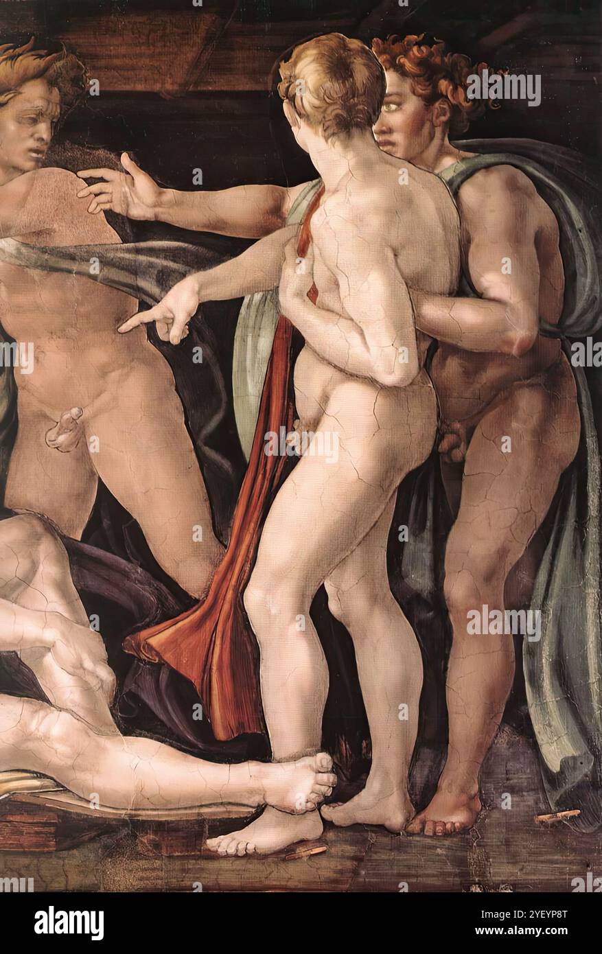 MICHELANGELO di Lodovico Buonarroti Simoni (* 1475, Caprese, d. 1564, Roma) Trunkenheit von Noah (Detail) 1509 Fresco Cappella Sistina, Vatikan das Detail zeigt die drei Söhne Noahs: Ham, SEM und Japeth. --- Schlüsselwörter: ----------------- Autor: MICHELANGELO di Lodovico Buonarroti Simoni Titel: Trunkenheit von Noah (Detail) Zeitlinie: 1501-1550 Schule: Italienisch Form: Malerei Typ: Religiös Stockfoto