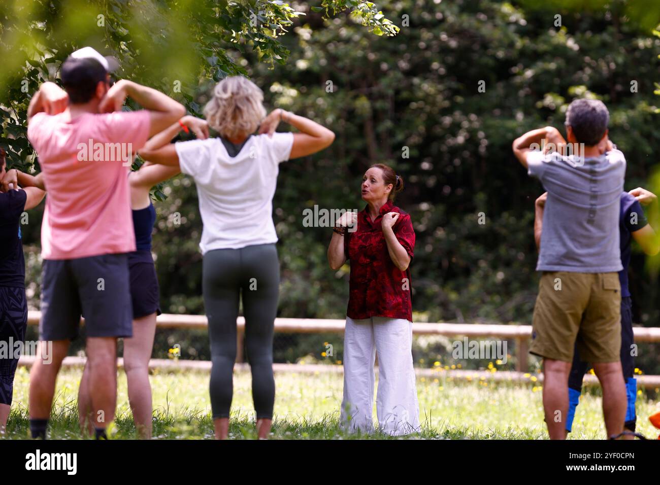 Die Gruppe übt Qi Gong oder Tai Chi Übung in der Natur. Yoga Festival. Saint-Gervais Mont-Blanc. Frankreich. Stockfoto