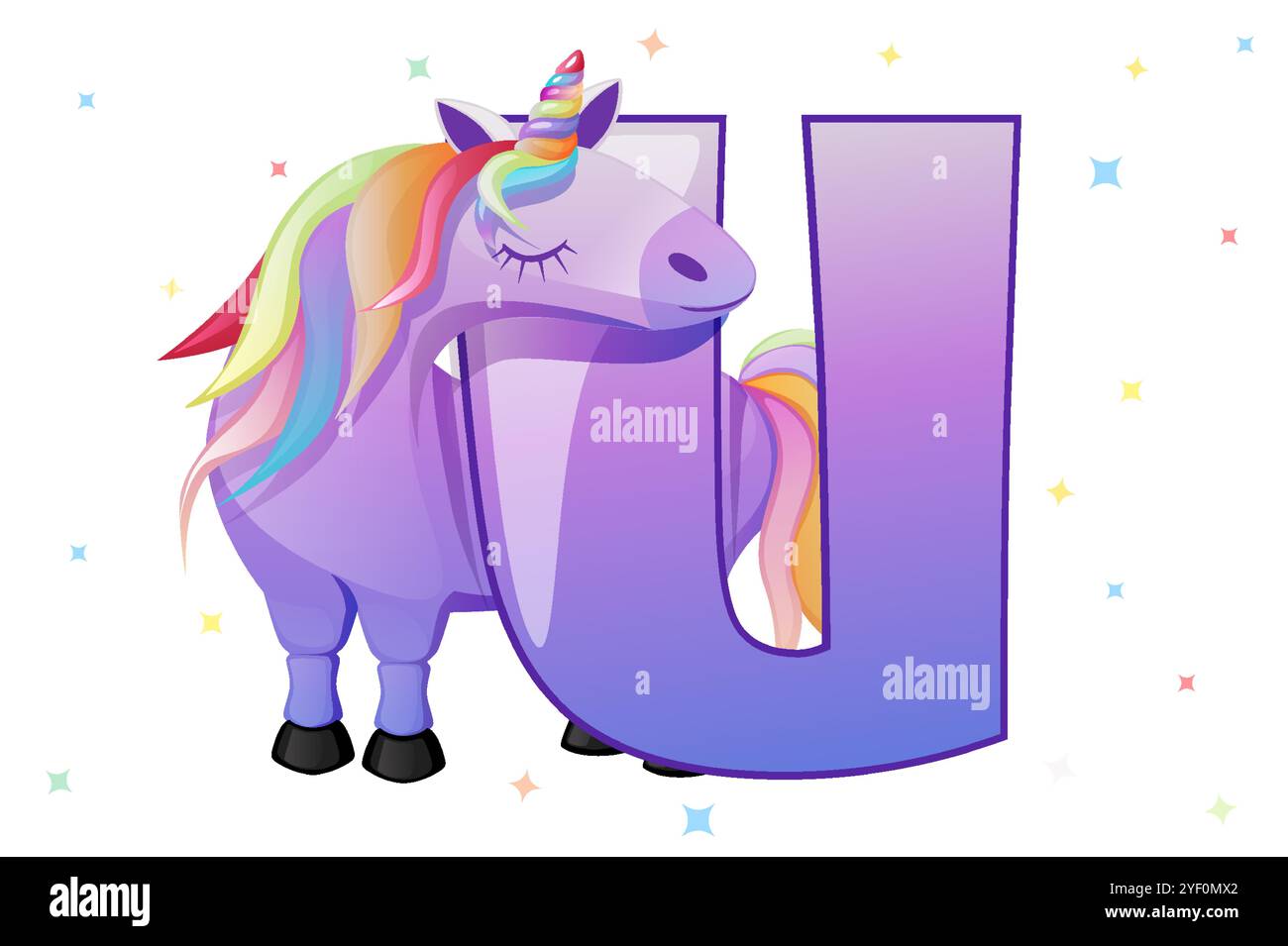 Cartoon Einhorn und Buchstabe U, Karte für Bildung. Das Tier beginnt mit dem Buchstaben U.. Lernbrief U-Karte. Kindererziehung Stock Vektor