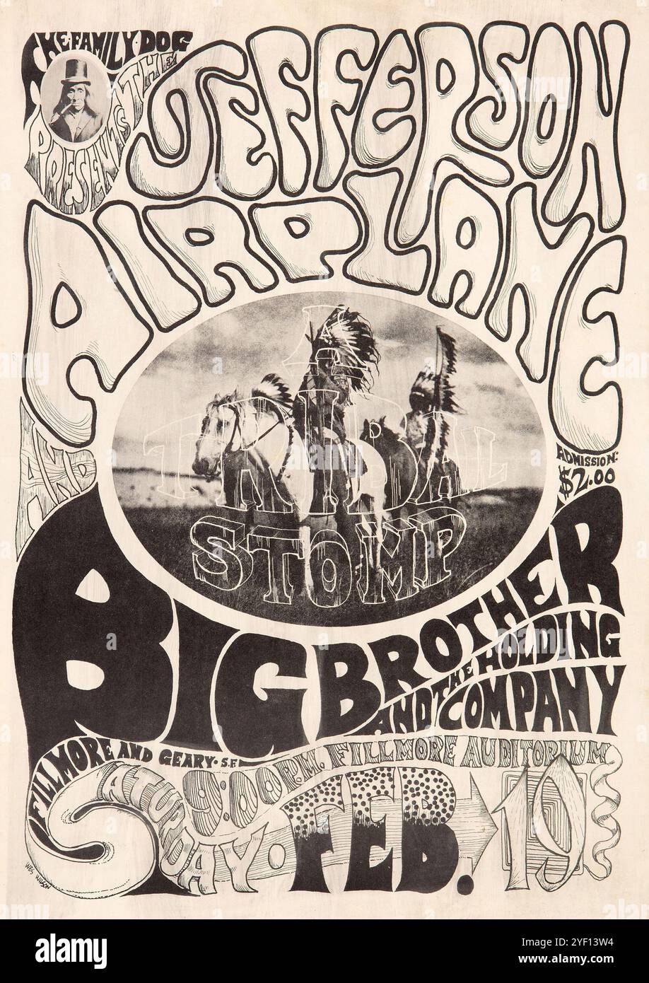 Jefferson Airplane, Big Brother and the Holding Company (Janis Joplin). „A Tribal Stomp“ 1966 Family Dog Fillmore – Vintage-Konzertposter Stockfoto