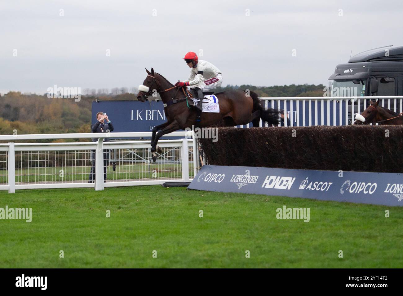 Ascot, Berkshire, Großbritannien. November 2024. CHIANTI CLASSICO, geritten von Jockey Tom Bellamy, räumt den letzten, bevor er den Sodexo Live gewinnt! Gold Cup Handicap Steeple Chase (Klasse 1) (Premier Handicap) (GBB Race) beim Fireworks Spectacular Family Raceday auf der Ascot Racecourse, Berkshire. Besitzer Sir Francis Brooke & R A Pilkington, Trainer Kim Bailey, Cheltenham, Züchter David O’Connell, Sponsor Kim Bailey Racing Ltd Quelle: Maureen McLean/Alamy Live News Stockfoto