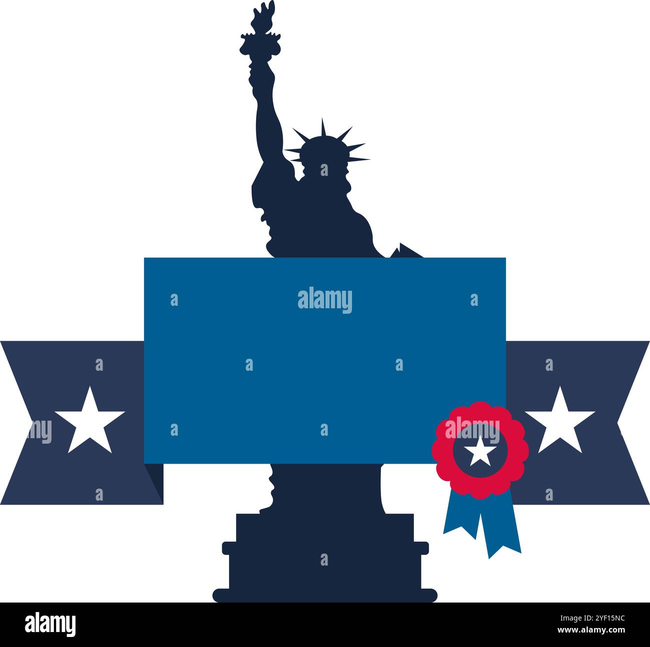Vektor-Illustration der Freiheitsstatue Silhouette und dekoratives Band mit Feld für Nachricht. Patriotismus, nationale Feiertage oder Veranstaltungen, die feiern Stock Vektor Vektor-Illustration der Freiheitsstatue Silhouette und dekoratives Band mit Feld für Nachricht. Patriotismus, nationale Feiertage oder Veranstaltungen, die feiern Stock Vektor