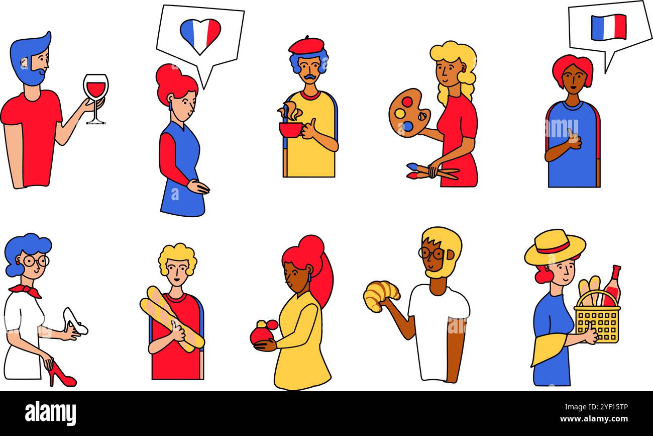 Vektor-Illustration eines traditionellen französischen Lebensstils mit Charakteren, Essen, Freizeit und Aktivität in einem umrissenen Cartoon-Stil. Französische Kunstfestivals Stock Vektor