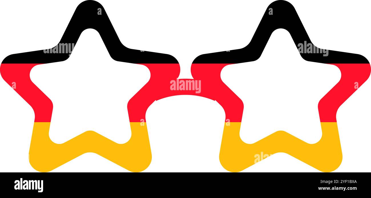 Eine lebendige Vektor-Illustration von sternförmigen Partybrillen in Farben der deutschen Flagge im Cartoon-Stil. Deutschlands Nationalstolz durch sein kühnes und Stock Vektor