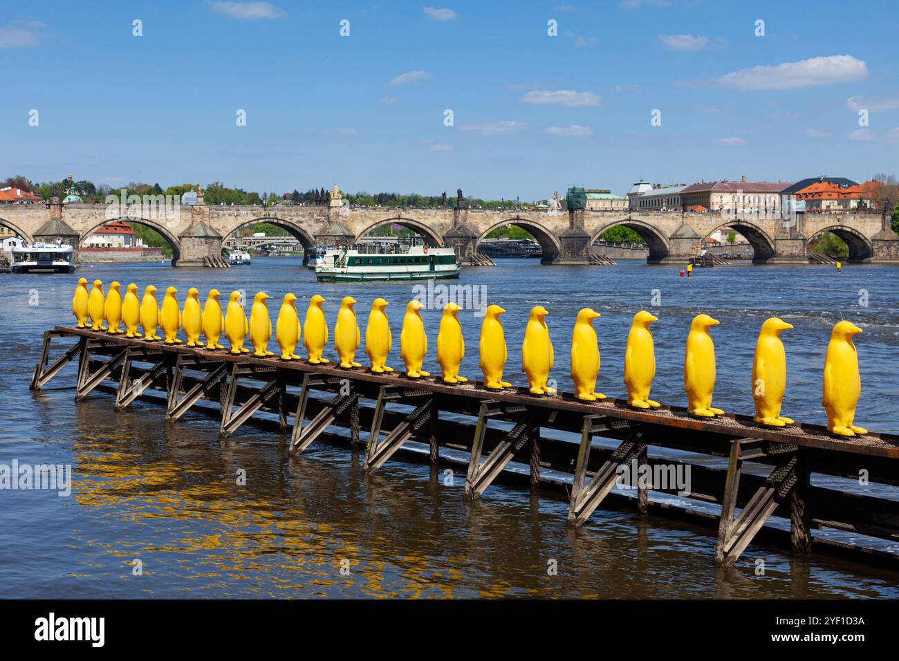 Die Installation der Gelben Pinguine, die von der Cracking Art Group erstellt wurde, befindet sich am Fluss Moldau in der Nähe des Kampa-Parks in Prag, Tschechische Republik. Stockfoto