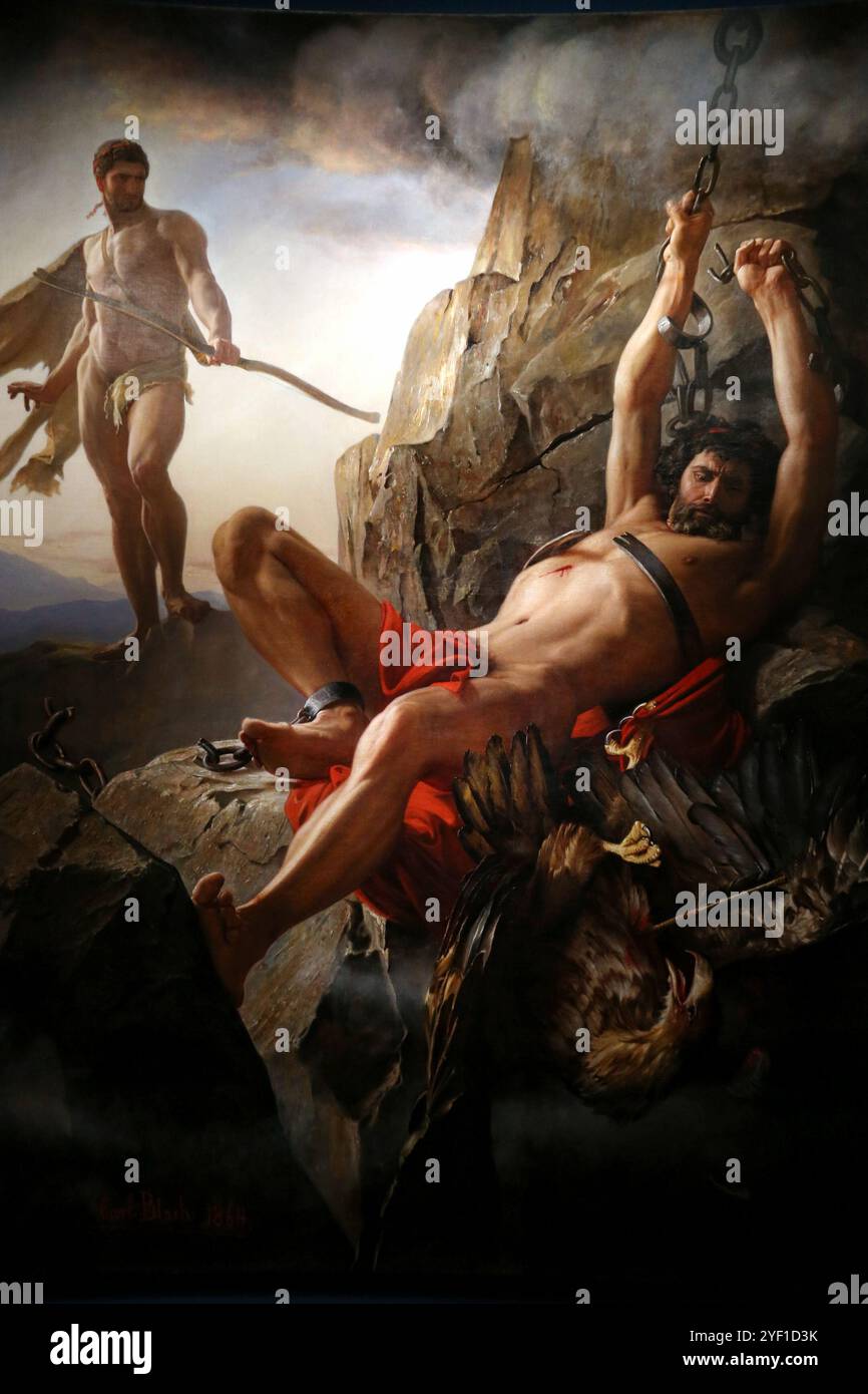 Das griechische Kulturministerium präsentierte erstmals dem griechischen Publikum das Gemälde „Prometheus Unbound“ aus der Tatoi Estate Collection im Museum Canellopoulos. Das monumentale Werk (3,98 Χ 2,77 m) gilt als Meisterwerk des dänischen Künstlers Carl Bloch und wurde 1864 für den jungen König Georg I. gefertigt, der es bei seiner Ernennung zum griechischen Thron (1863) in Auftrag gab. Es zeigt Prometheus, der sich von den Ketten befreit, die ihm von Zeus auferlegt wurden, während Herkules gerade den Adler getötet hat, der täglich die Leber des Titanen verschlang. Es ist ein allegorisches Werk aus der Zeit der Roma Stockfoto