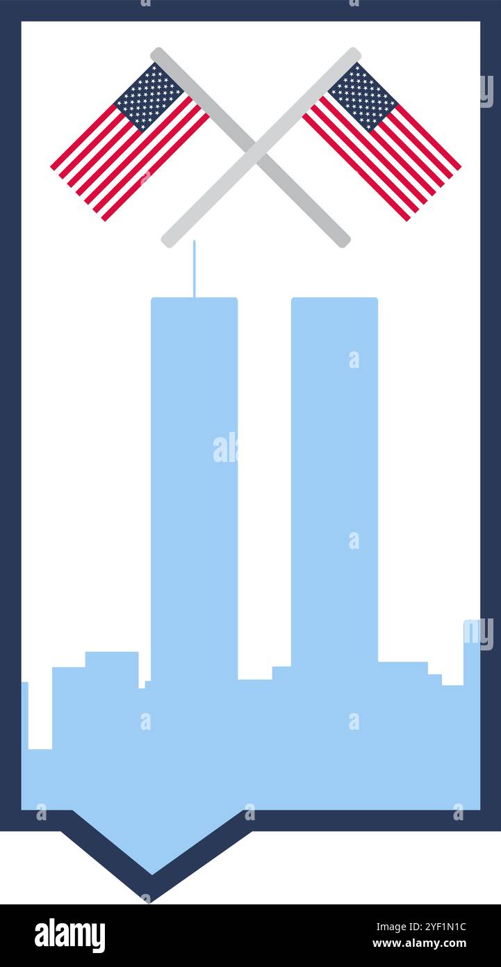 Vektor-Illustration von Stadtsilhouette und USA-Flaggen in rechteckiger Sprechblase. Patriotismus, nationale Feiertage oder Veranstaltungen zur Feier der amerikanischen Kultur Stock Vektor