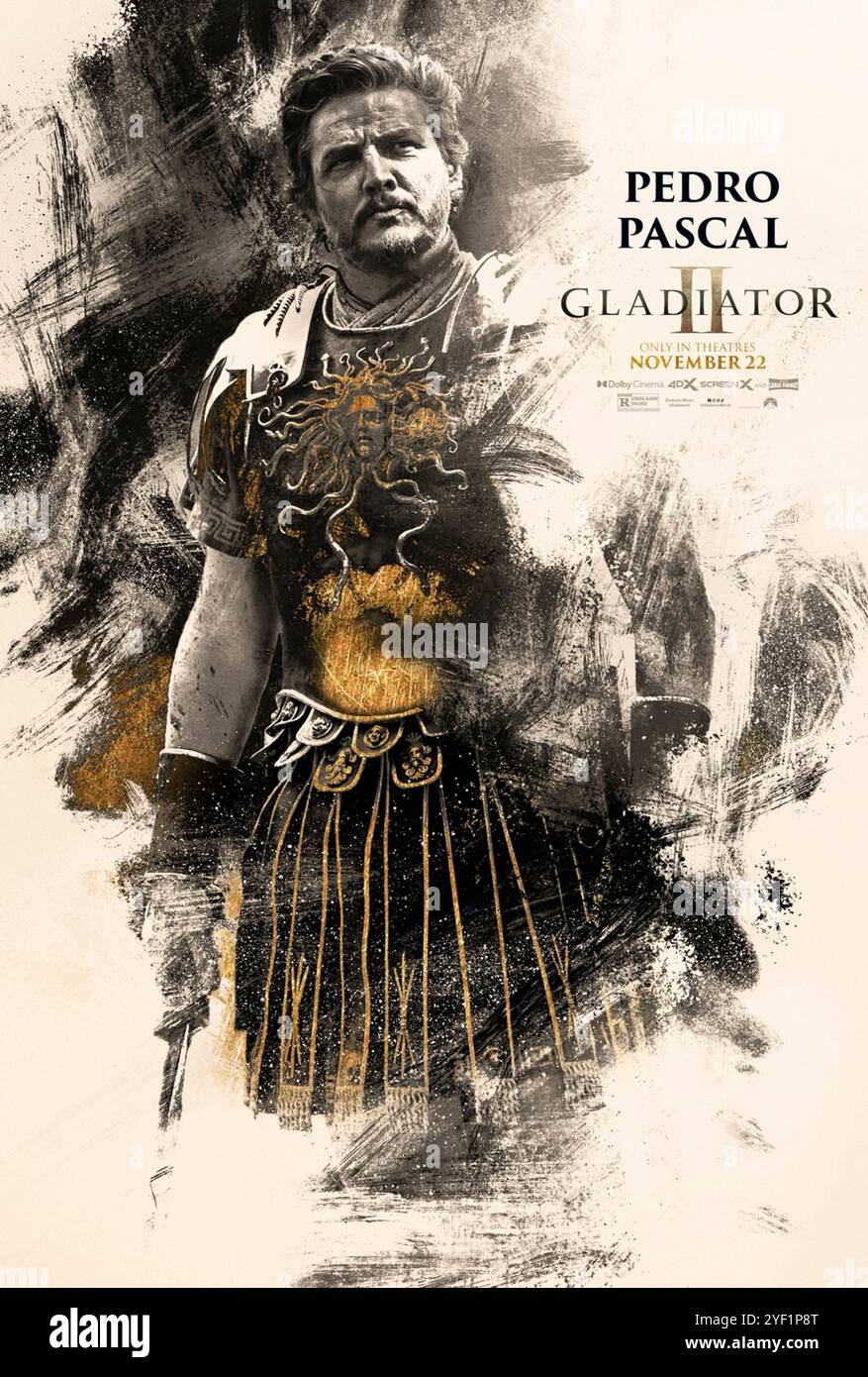 Gladiator II (2024) von Ridley Scott mit Pedro Pascal als Marcus Acacius. Nachdem seine Heimat von den tyrannischen Kaisern erobert wurde, die heute Rom führen, ist Lucius gezwungen, das Kolosseum zu betreten und muss auf seine Vergangenheit schauen, um Kraft zu finden, um den Ruhm Roms seinem Volk zurückzugeben. Poster mit US-Zeichen ***NUR FÜR REDAKTIONELLE ZWECKE***. Quelle: BFA / Paramount Pictures Stockfoto