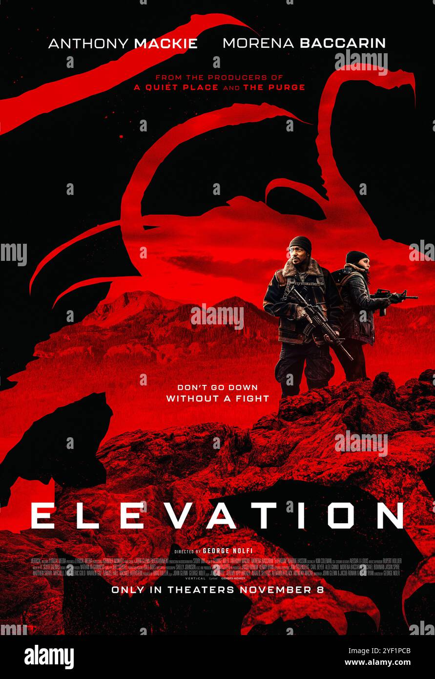 Elevation (2024) von George Nolfi mit Anthony Mackie, Morena Baccarin und Maddie Hasson. In einer postapokalyptischen Welt müssen zwei Überlebende gegen monströse Kreaturen kämpfen, um am Leben zu bleiben. US-Poster NUR FÜR REDAKTIONELLE ZWECKE. Kredit: BFA / Vertical Entertainment Stockfoto