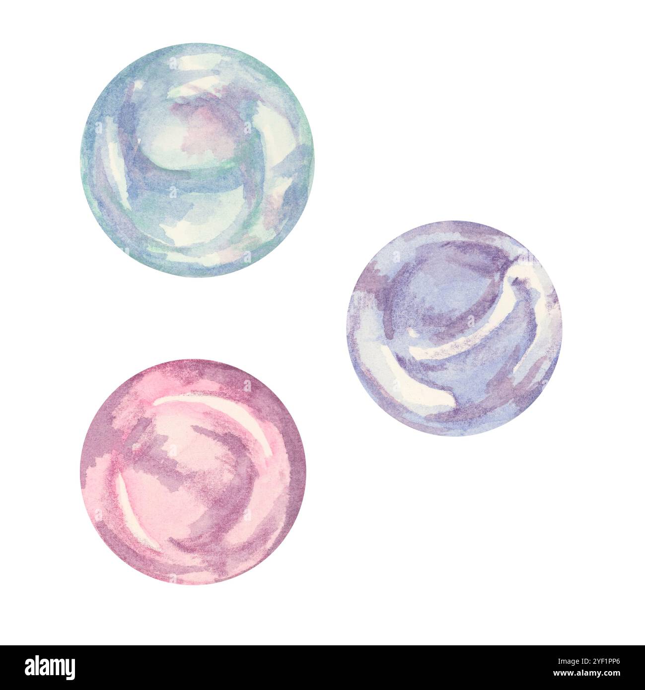 Drei durchscheinende Wasserfarbenblasen in sanften Blau-, Rosa- und Lavendeltönen. Dieses skurrile Clipart mit Bubble kann Kinderbuchdesigns, Merchandise mit Wasserthemen oder Lehrmaterialien verbessern Stockfoto