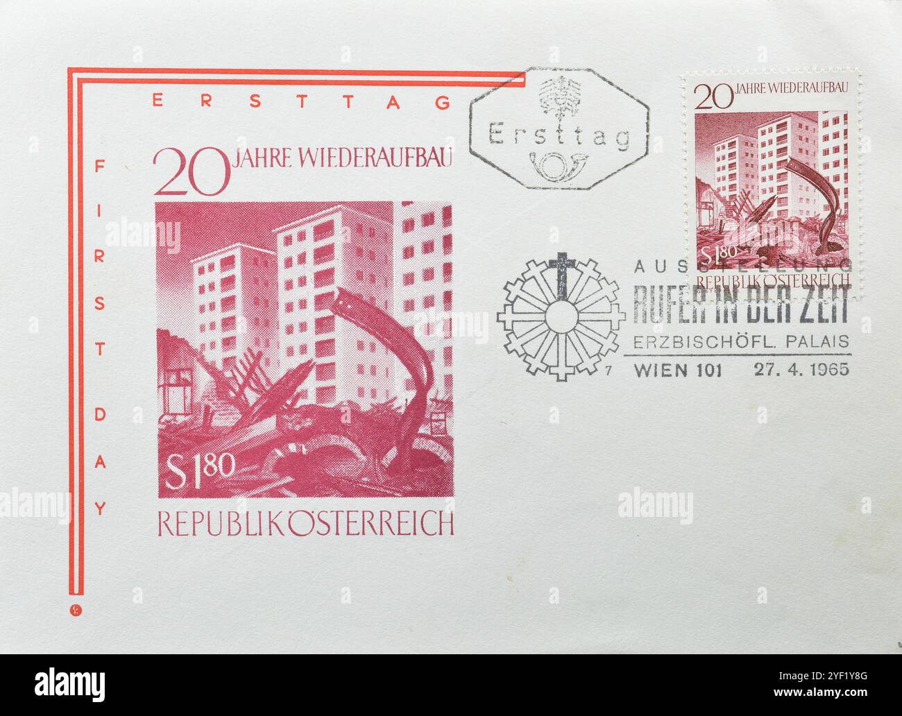 Ersttagsbrief gedruckt von Österreich, mit gestempelter Briefmarke, die 20 Jahre Wiederaufbau zeigt, um 1965. Stockfoto