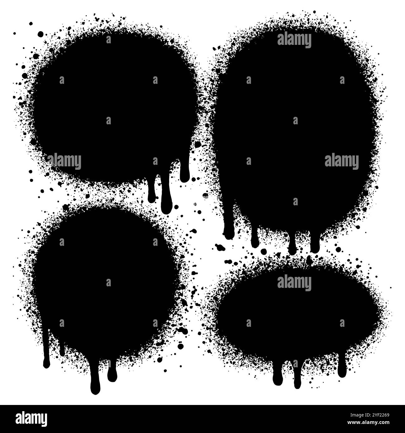 Set mit Graffiti-Sprühbannern. Vektorspray Farbformen mit Linien und Tropfen Schwarze Tintenspritzer, Sammlung von Tintenflecken, Street Style. Stock Vektor