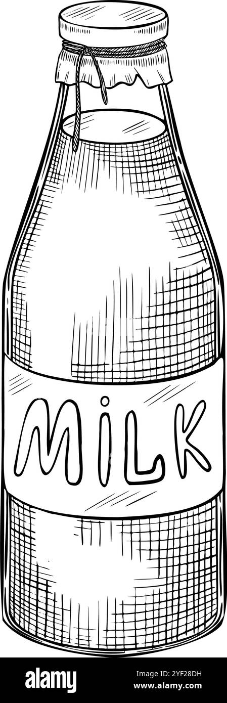 Illustration des Vektors der Milchflasche. Lineare Zeichnung von Milcherzeugnissen mit schwarzer Tinte. Konturätzung für Produktetikett oder Rezept im Kochbuch. Einfarbige Kunst des Getränks für die kulinarische Küche. Stock Vektor