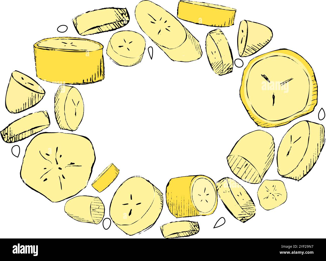 Stücke von Bananenscheiben Snack Oval Ellipsenrahmen. Vektor topische frische Bananenscheibe geschnittene Frucht in Grafik. Nationaler Bananentag Stock Vektor