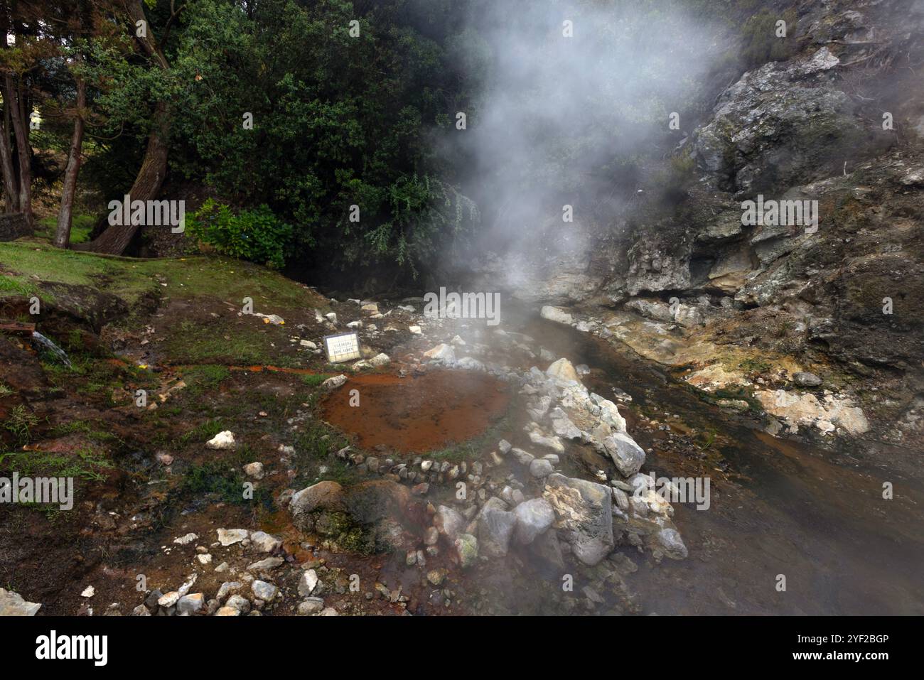 Im Herzen des Dorfes Furnas sprudelt ein Kessel geothermischer Aktivität an die Oberfläche, mit dampfenden Schlammbecken und zischenden Lüftungsschlitzen, die einen Sulfu freisetzen Stockfoto