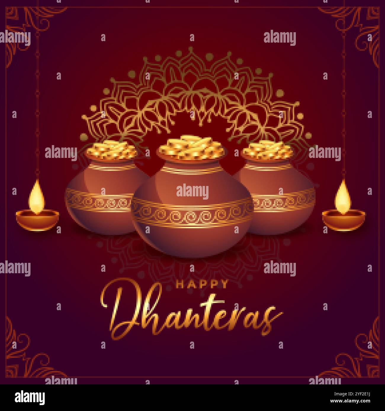 Happy dhanteras goldenen Münztopf und Diya Hintergrund Stock Vektor