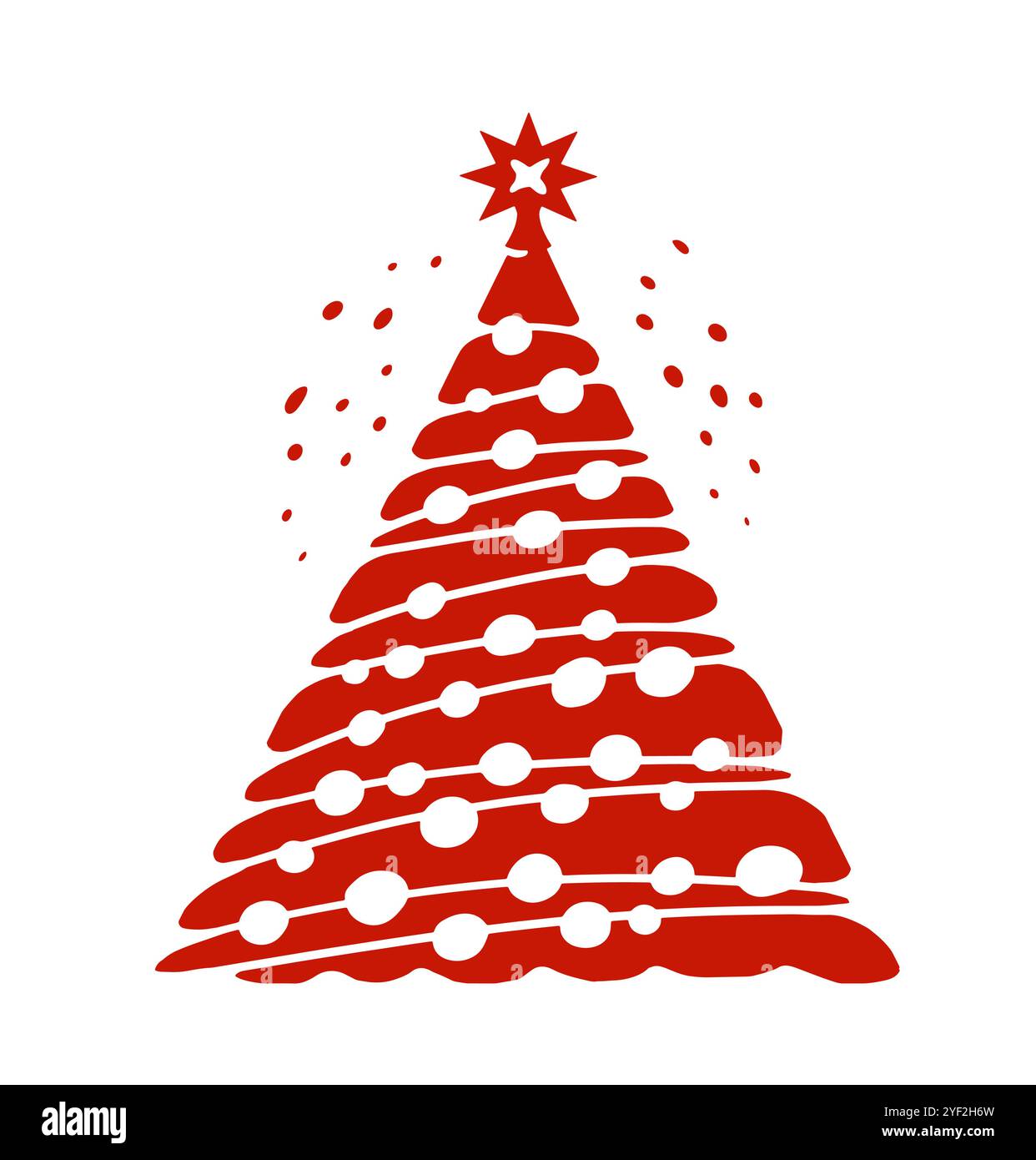 Weihnachtsbaum mit Dekoration und Feuerwerk. Feiertagssymbol. Handgezeichnete stilisierte abstrakte Zeichnung Stock Vektor