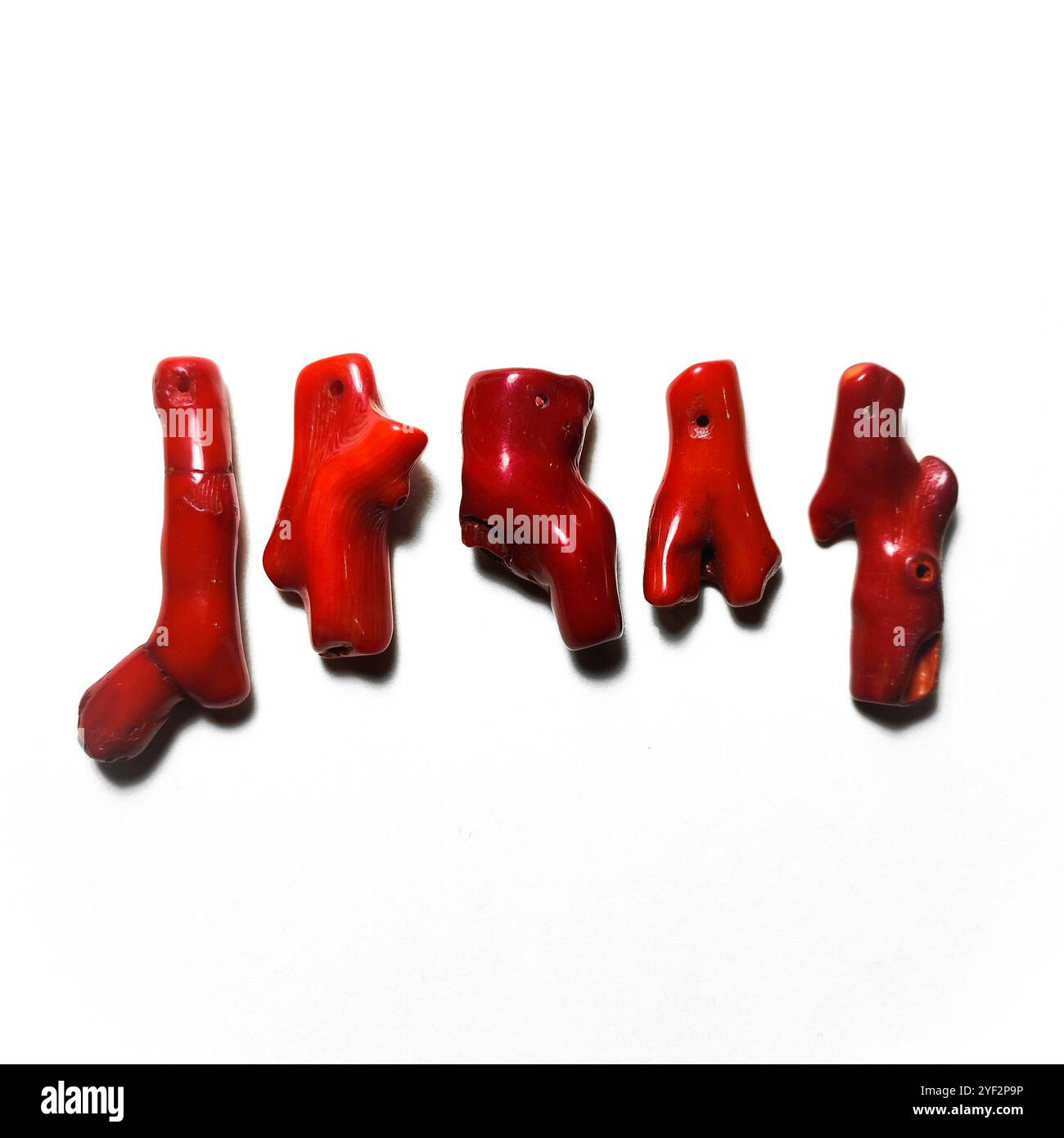 Rote, unregelmäßige Korallenäste aus nächster Nähe. Naturstein, Edelstein, Steinperlen für die Schmuckherstellung isoliert. Rote Korallen auf weißem Hintergrund. Stockfoto