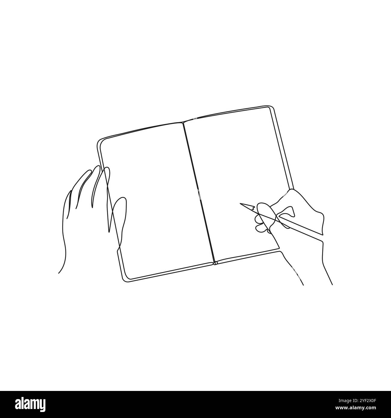 Hände schreiben in Notizbuch, halten einen Stift. Einzeilige Art. Handunterschrift auf Papier. Vektorabbildung Stock Vektor