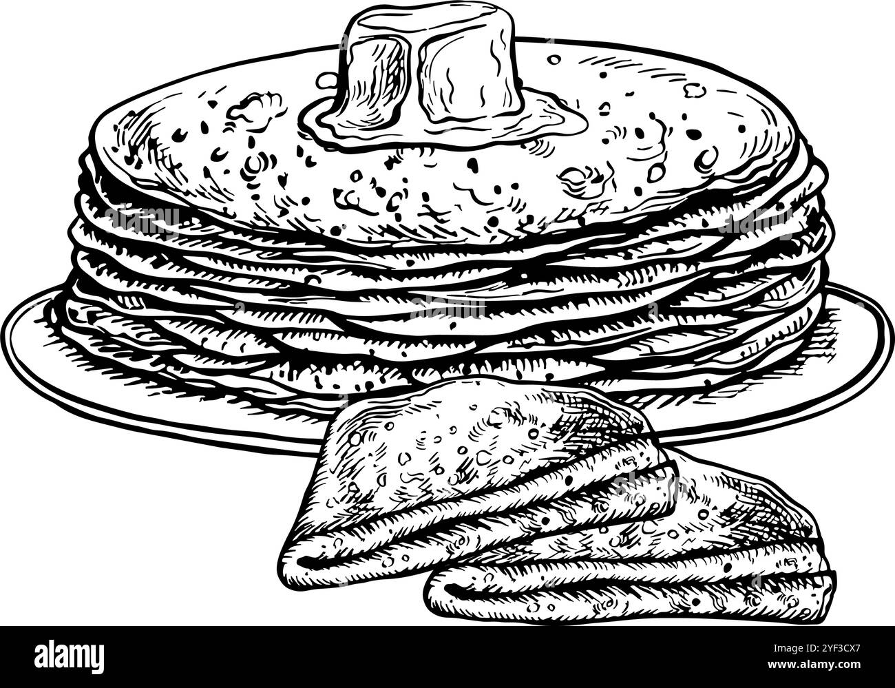 Pfannkuchen mit Butter. Vektorgrafik von Pfannkuchen. Schwarz-weiß handgezeichnete Illustration von Lebensmitteln. Auf weißem Hintergrund. Toll für Menüs, Pos. Stock Vektor