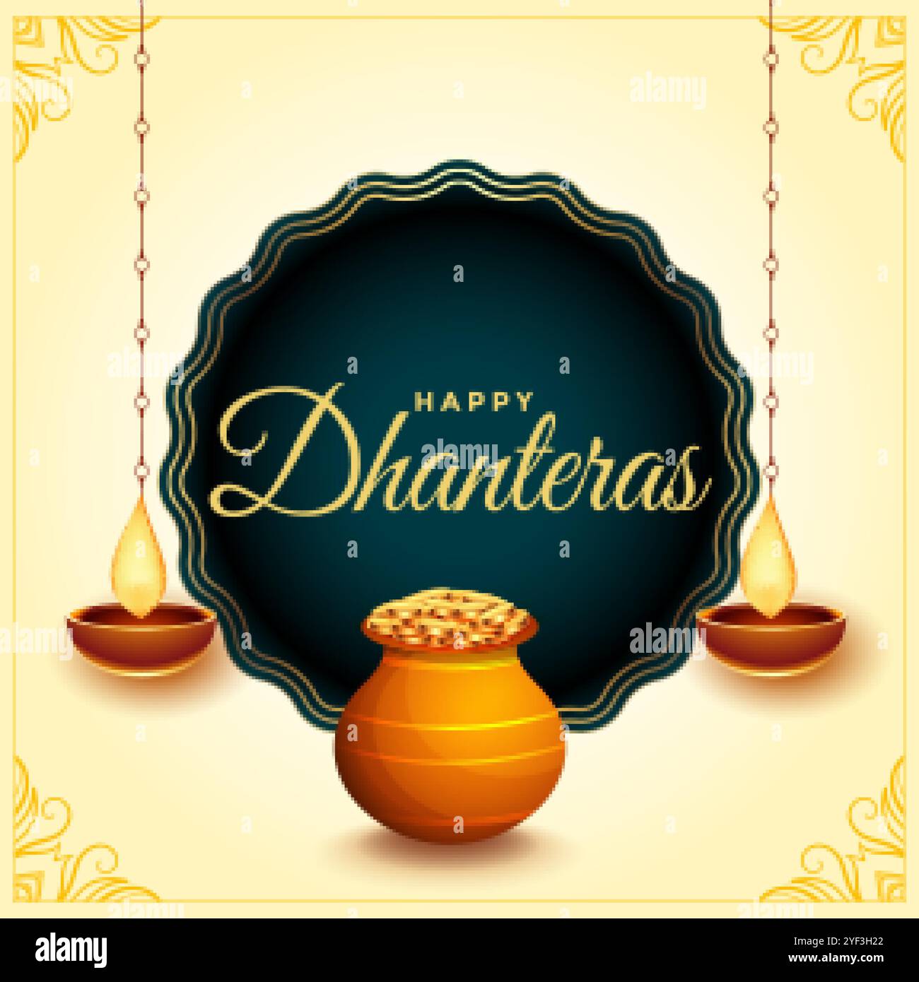 Fröhliche Dhanteras Festivalkarte mit Diya und Goldmünztopf Stock Vektor