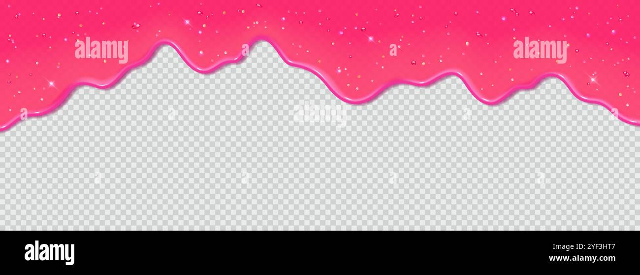 Realistischer, tropfender, pinkfarbener 3D-Schleim mit Glitzer auf transparentem Hintergrund. Stock Vektor