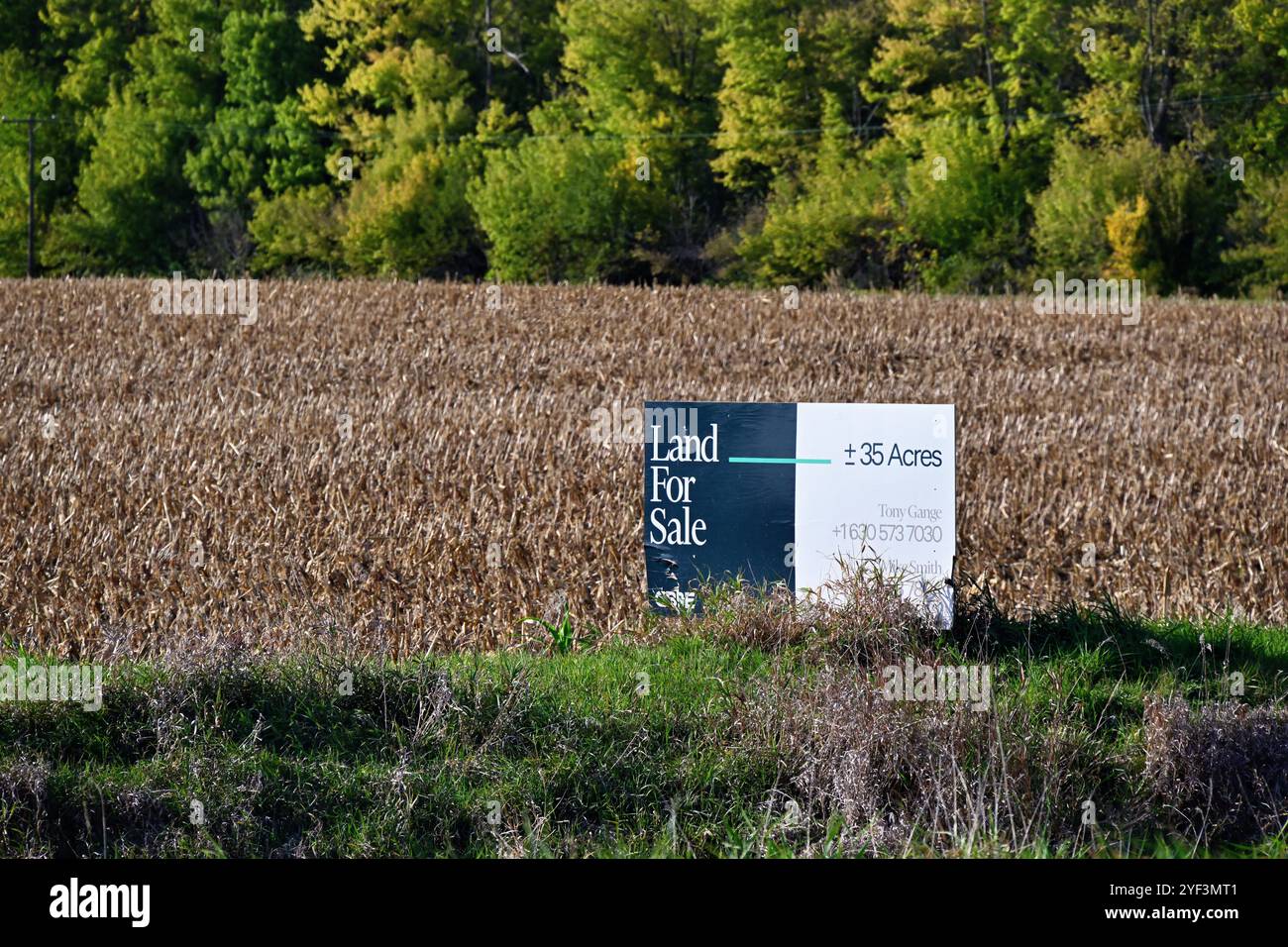 Yorkville, Illinois, USA. Ackerland zum Verkauf ist ein häufiger Anblick in Gebieten mit großräumiger Stadtentwicklung wie der Chicage Are im Mittleren Westen der USA. Stockfoto