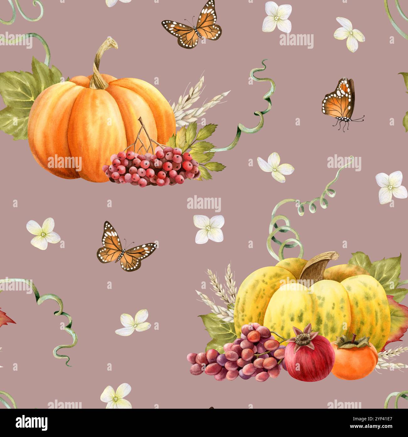 Thanksgiving Day Gemüse- und Obsternte mit Schmetterlingen und kleinen weißen Blumen Aquarellmuster Stockfoto