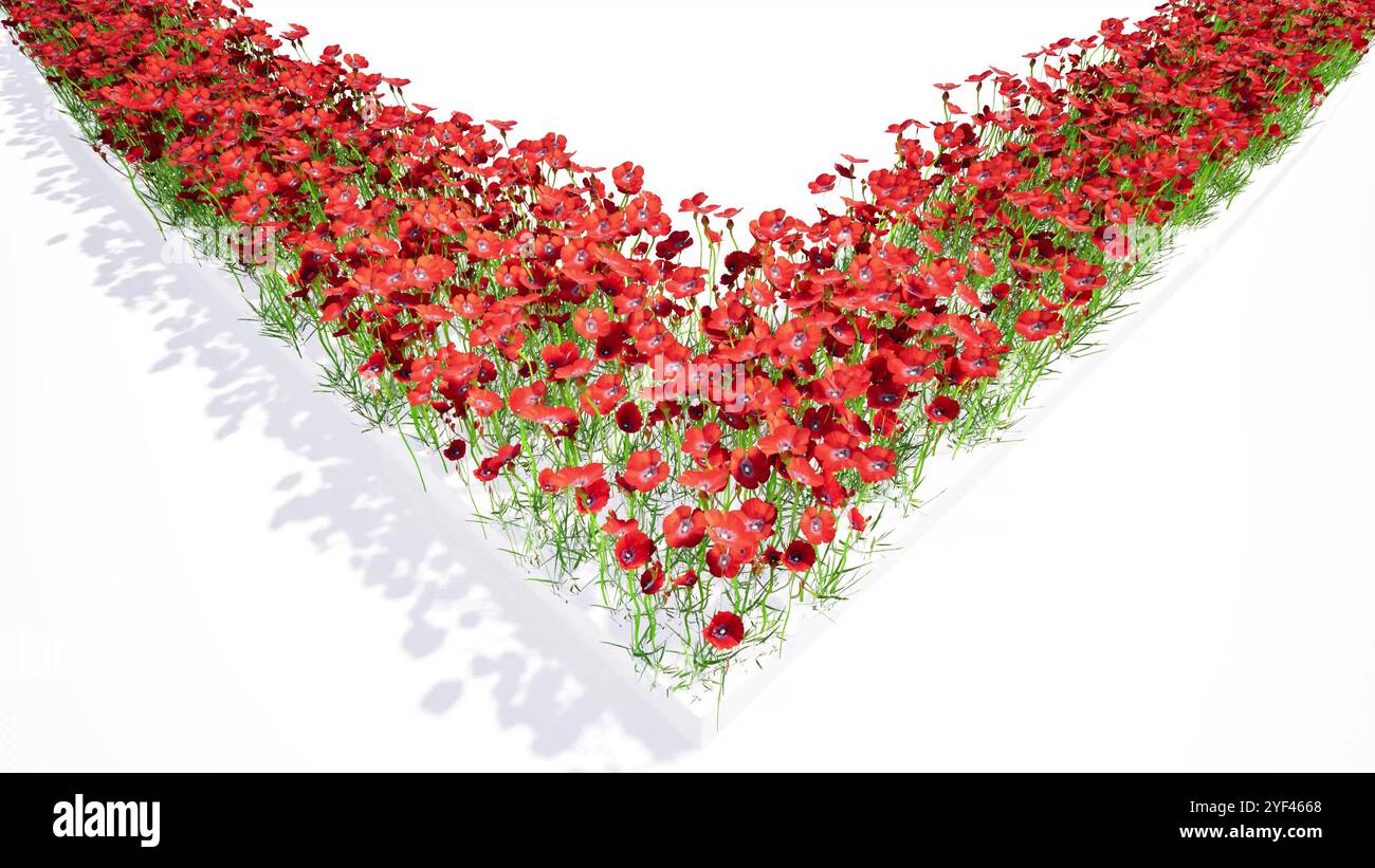 Herz aus roten Rosen Blüten auf weißem BG 3D-Rendering Stockfoto