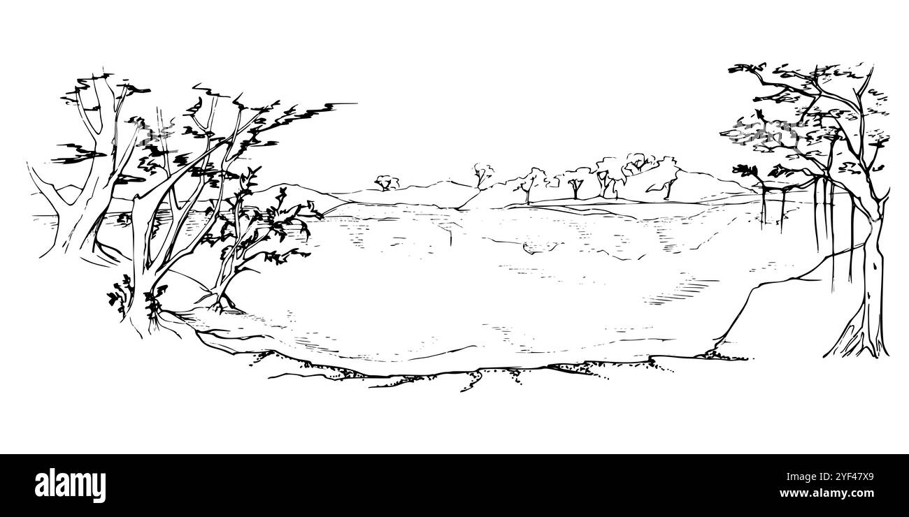 Dschungel-Regenwald Amazonas-Flussufer mit Bäumen, Bergen, Hügeln und Gewässern. Handgezeichnete Tusche Vektor-Illustration, isoliert szenisch Stock Vektor