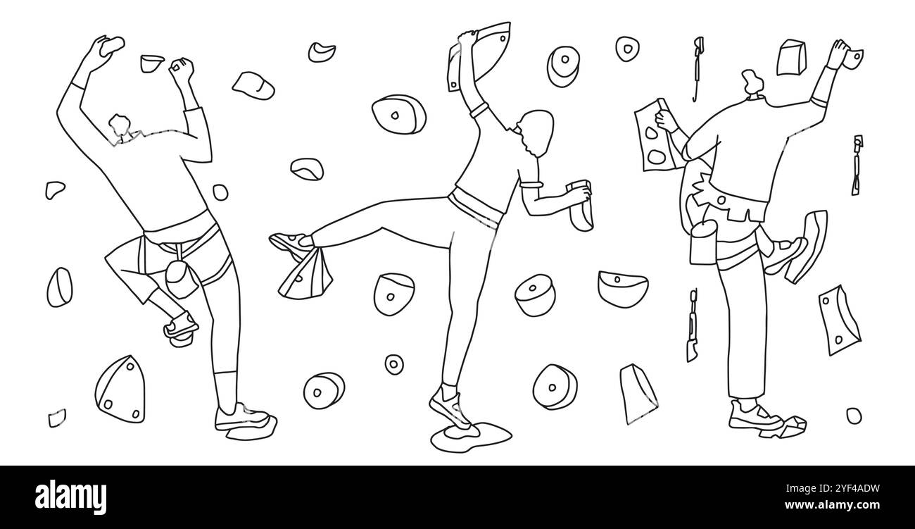 Set Rock Climber Doodle. Klettern im Indoor Park an der Wand. Vektor Hand gezeichnet flache Sammlung Illustration isoliert auf weißem Hintergrund. Stock Vektor