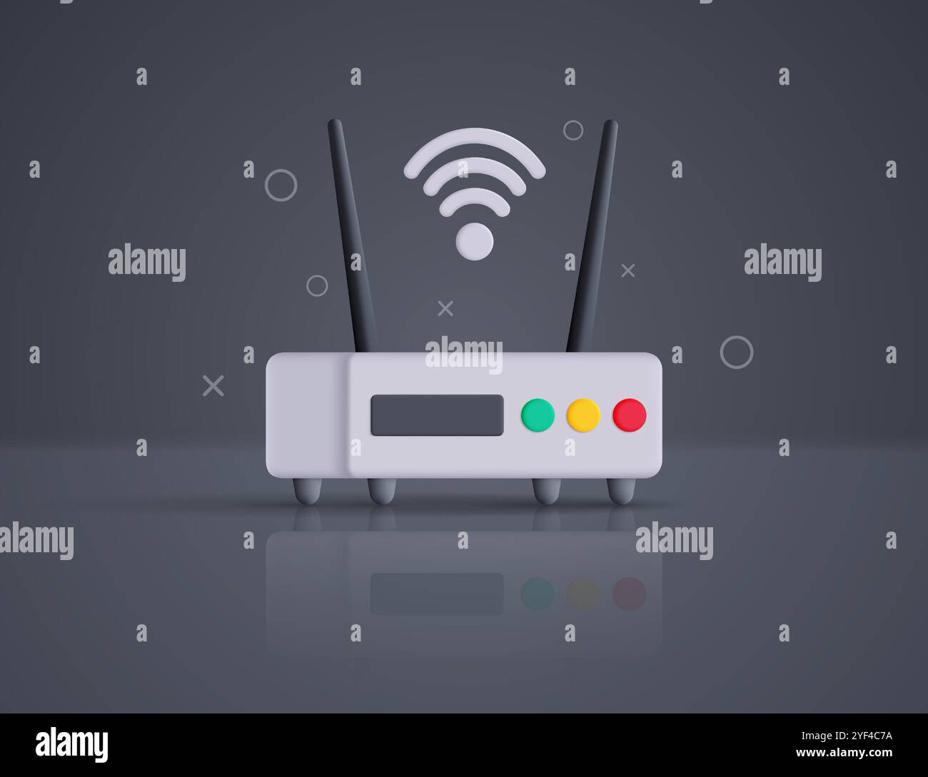 Moderner 3D-Modemrouter mit WLAN-Symbol auf grauem Hintergrund mit geometrischen Formen. Vektorabbildung. Stock Vektor