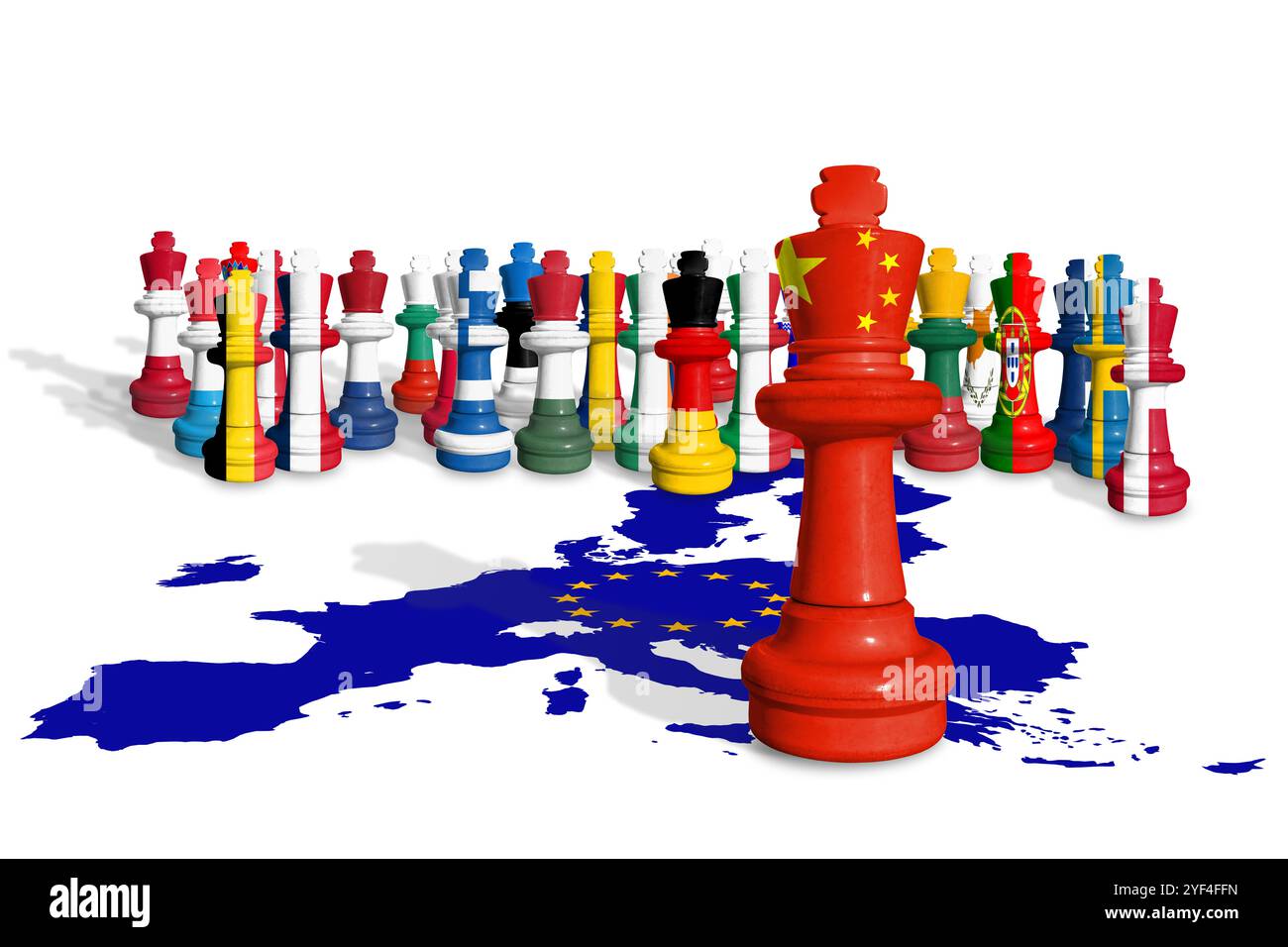 Schach aus EU-Mitgliedstaaten und China-Flaggen isoliert auf weißem Hintergrund mit der Flaggenkarte der Europäischen Union Stockfoto