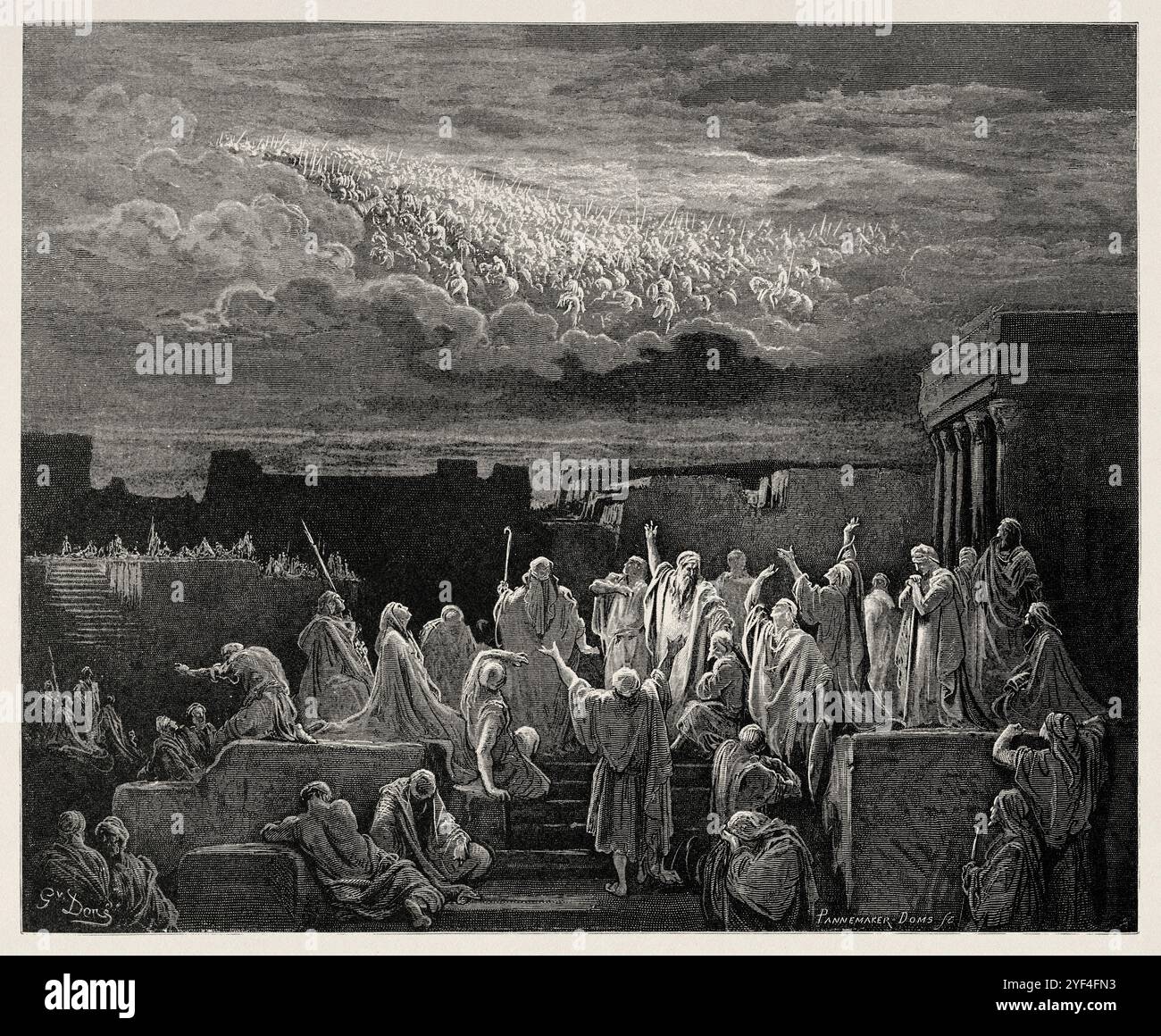 Das Volk von Jerusalem sieht die Armee im Himmel. Altes Testament. Antike Bibelillustration von Gustave Dore (1832–1883) Stockfoto