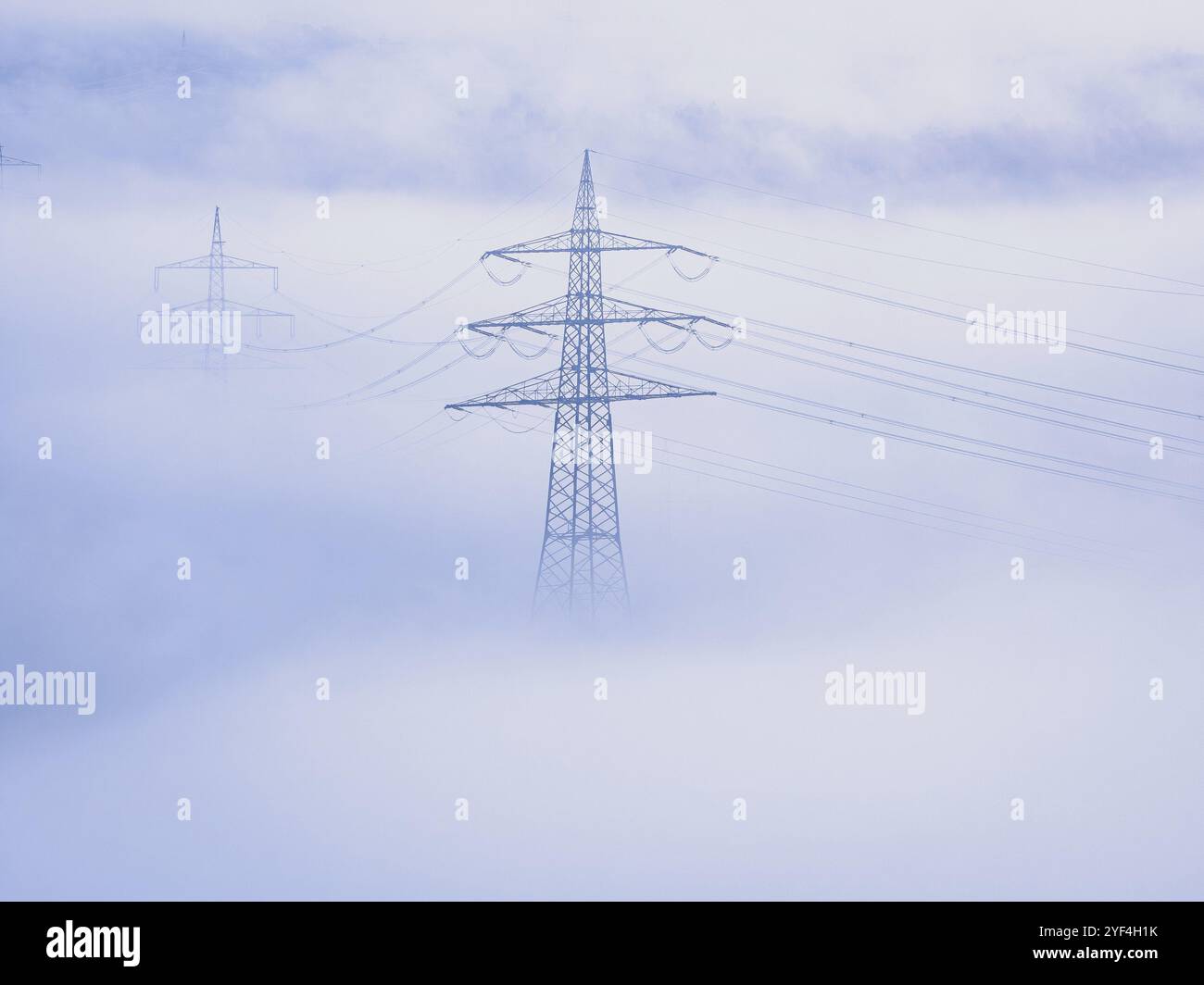 Stromleitungen ragen durch dichten Nebel hervor und schaffen eine ruhige und geheimnisvolle Atmosphäre, Jettingen, Schwarzwald, Deutschland, Europa Stockfoto