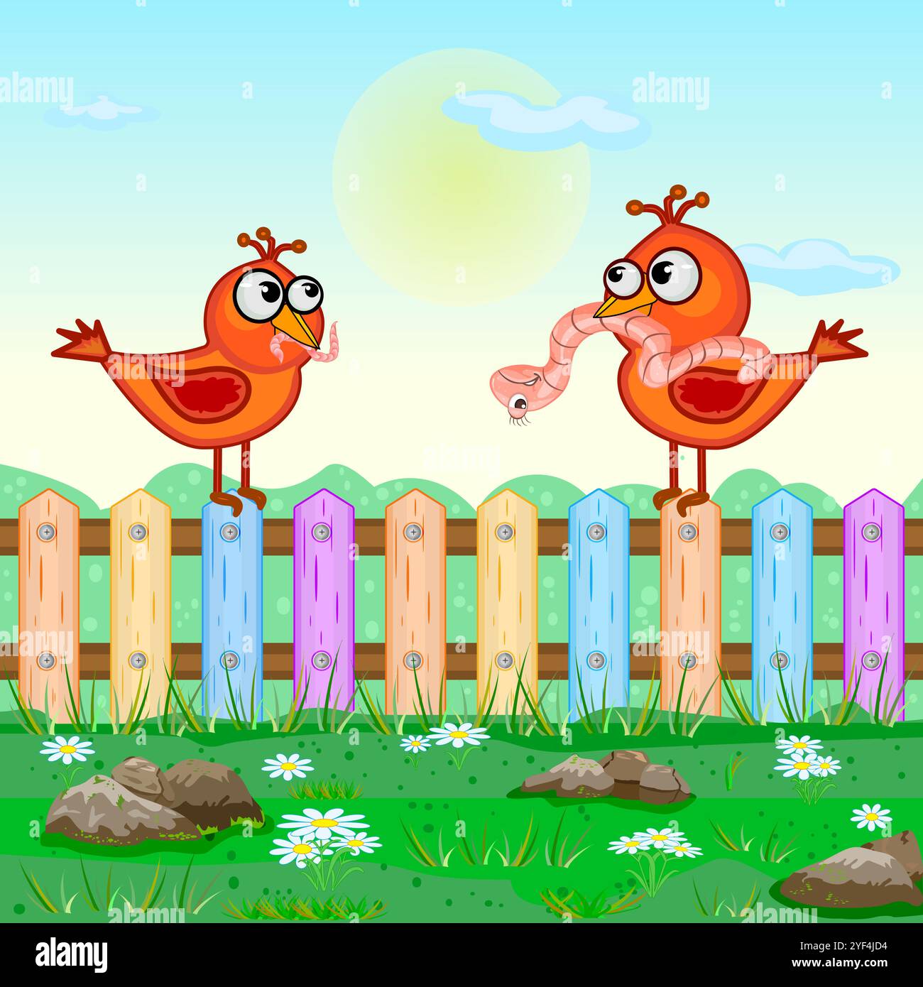 Vögel mit Regenwurm auf dem Gartenzaun. Ein Vogel steht auf einem Farbenzaun und hält Wurm im Schnabel. Vögel mit Beute zum Frühstück. Vektorabbildung Stock Vektor