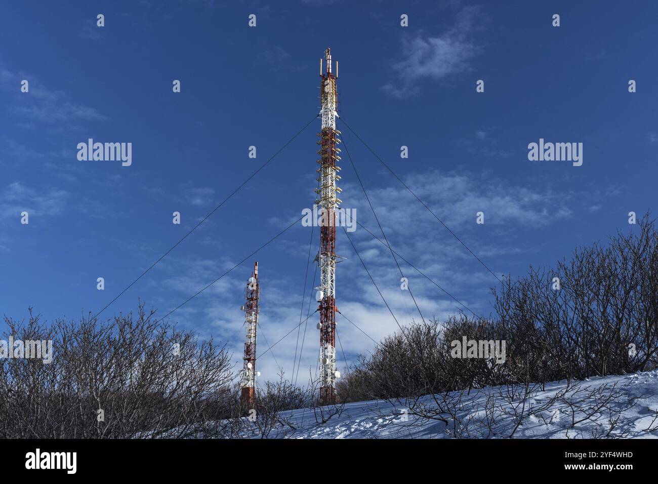 Mitteilungen Turm mit Antennen drahtloser Kommunikationswege wie Mobiltelefon, Handy, Tower Tower, Tel. Pol, von Bäumen im Winter umgeben Stockfoto