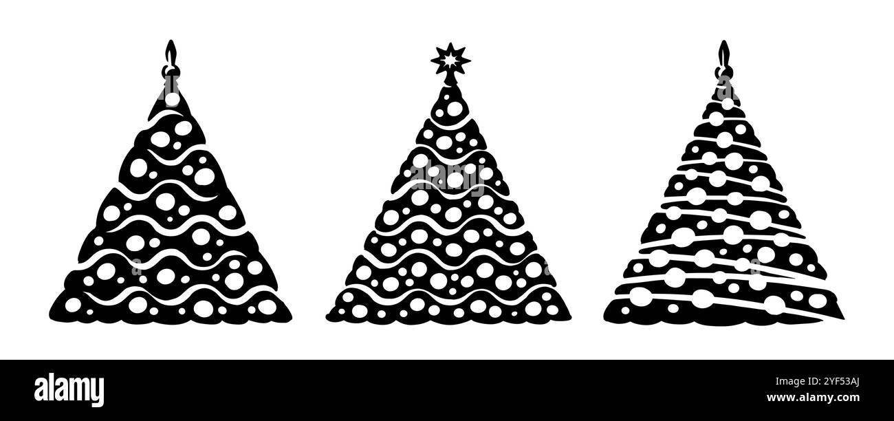 Weihnachtsbaum mit Kugeln und Dekorationen. Symbol für Neujahrsfeiertage. Silhouettenvektor-Illustration Stock Vektor