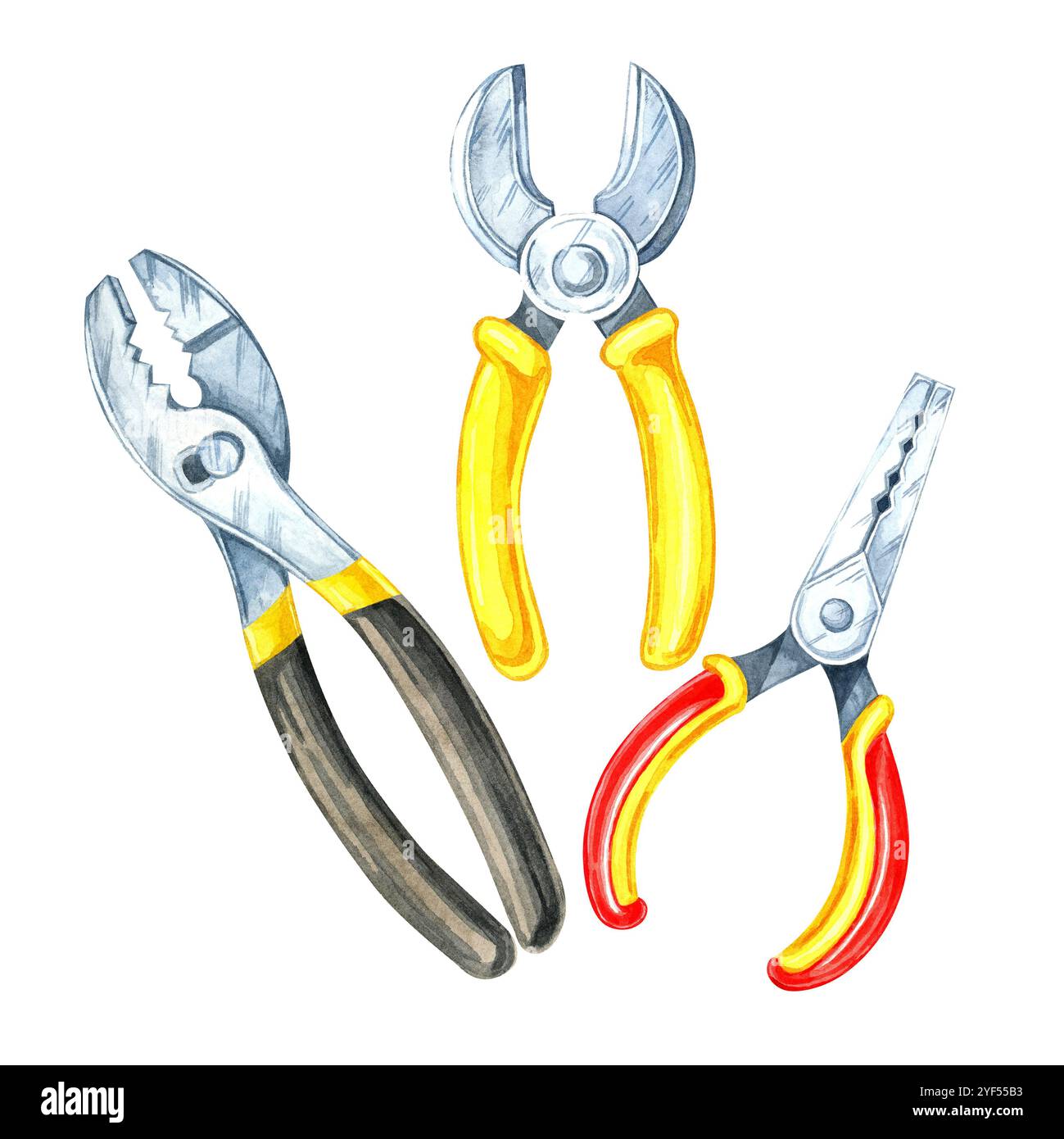 Gelbe und rote Zange mit silbernem Schraubenschlüssel. Handgemaltes Clipart mit Aquarell. Geeignet für das Branding von Werkzeugwaren, Schulungsmaterialien oder Produktetiketten für Eisenwarengeschäfte Stockfoto