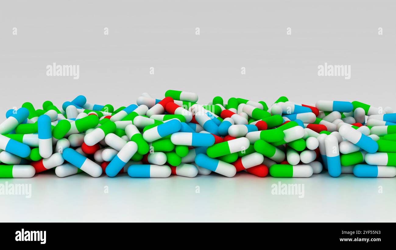 Arzneimittelpillen, Tabletten und Kapseln auf leerem Hintergrund. Kopierbereich. Medizinische Konzepte. Minimalistisches abstraktes Konzept. 3D-Rendering Stockfoto