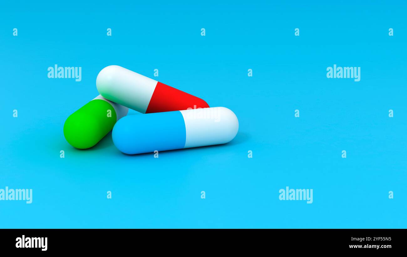 Arzneimittelpillen, Tabletten und Kapseln auf blauem Hintergrund. Kopierbereich. Medizinische Konzepte. Minimalistisches abstraktes Konzept. 3D-Rendering Stockfoto