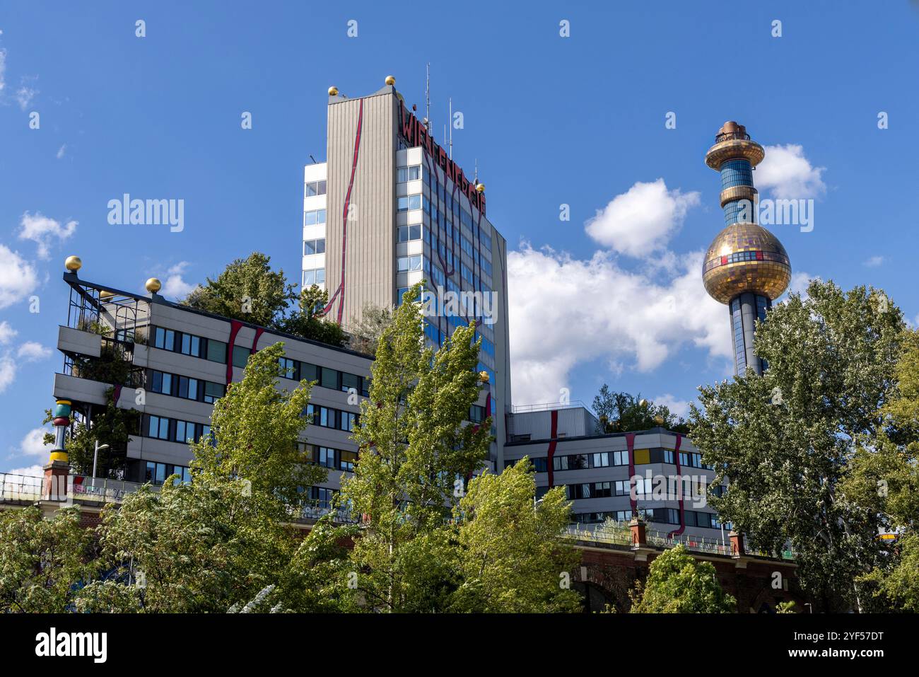 Blick auf Spittelau vom Donaukanal, Wien, Österreich, Europa. Stockfoto